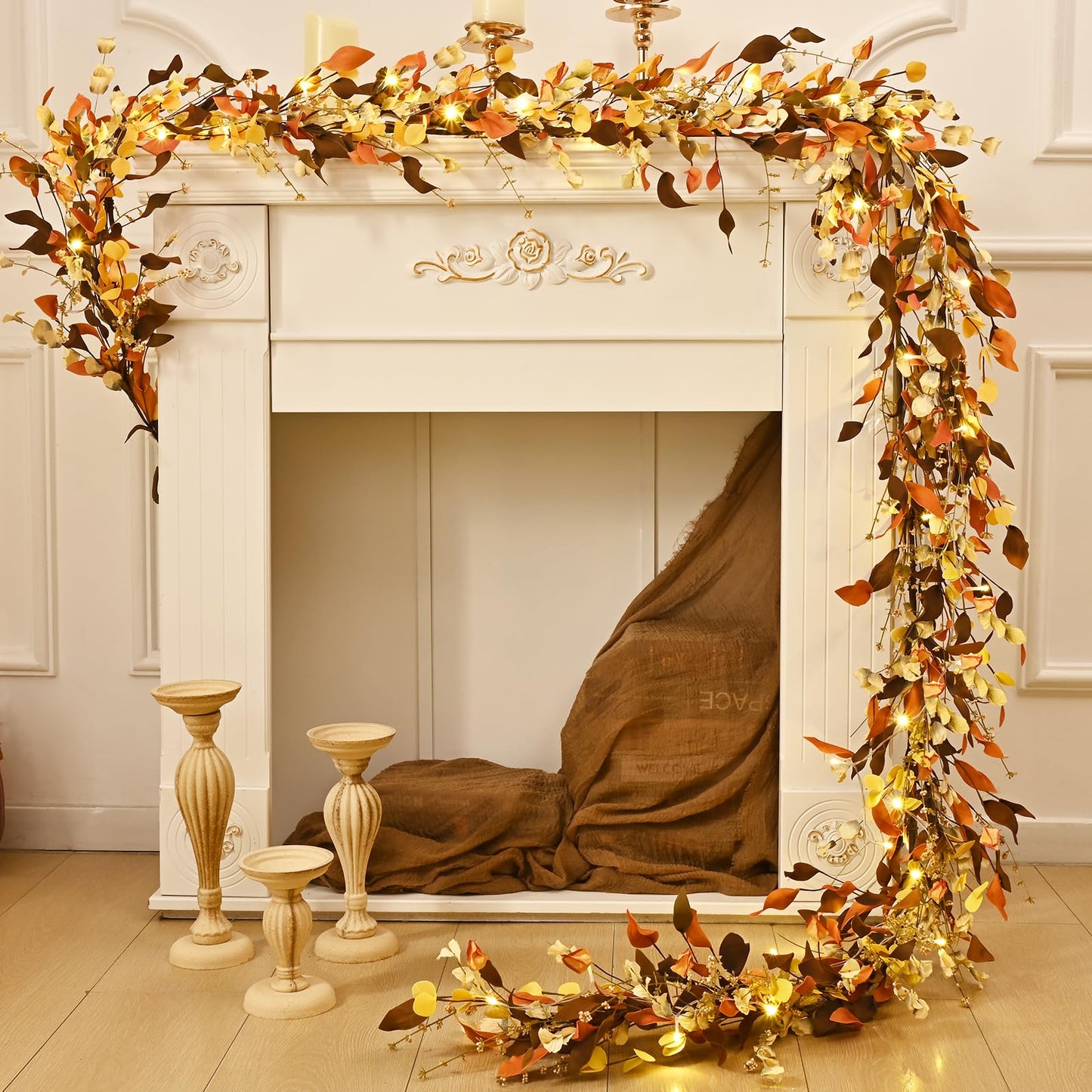 Waipfaru Fall Decor, Fall Garland with Lights, 6FT Autumn Eucalyptus Leaves Lighted Garland Thanksgiving Harvest Festival Decorations for Home Mantle Porch Outdoor Indoor Wedding Table Wall Arch