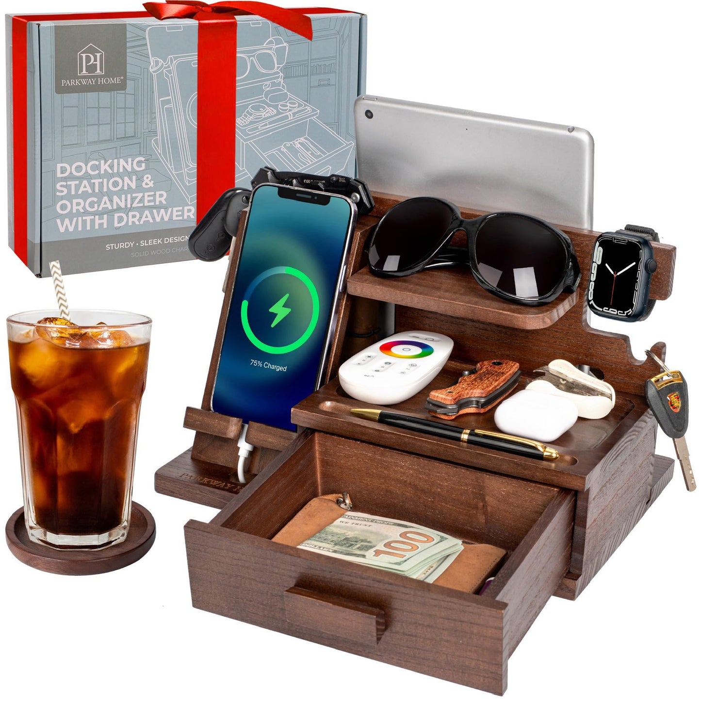 Wood Phone Docking Station - Wood Charging Station Organizer Stand, Bedside Nightstand Organizer for Men and Women, Holds Phone, Tablet, Keys, Glasses, EDC and More