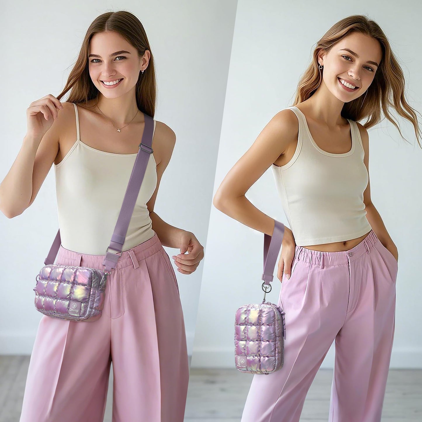 DOYOGI Quilted Cosmetic Bag, Puffer Makeup Bags, Crossbody Purses for women,Cute Travel Toiletry Bag for Women (Dazzling Light Purple)