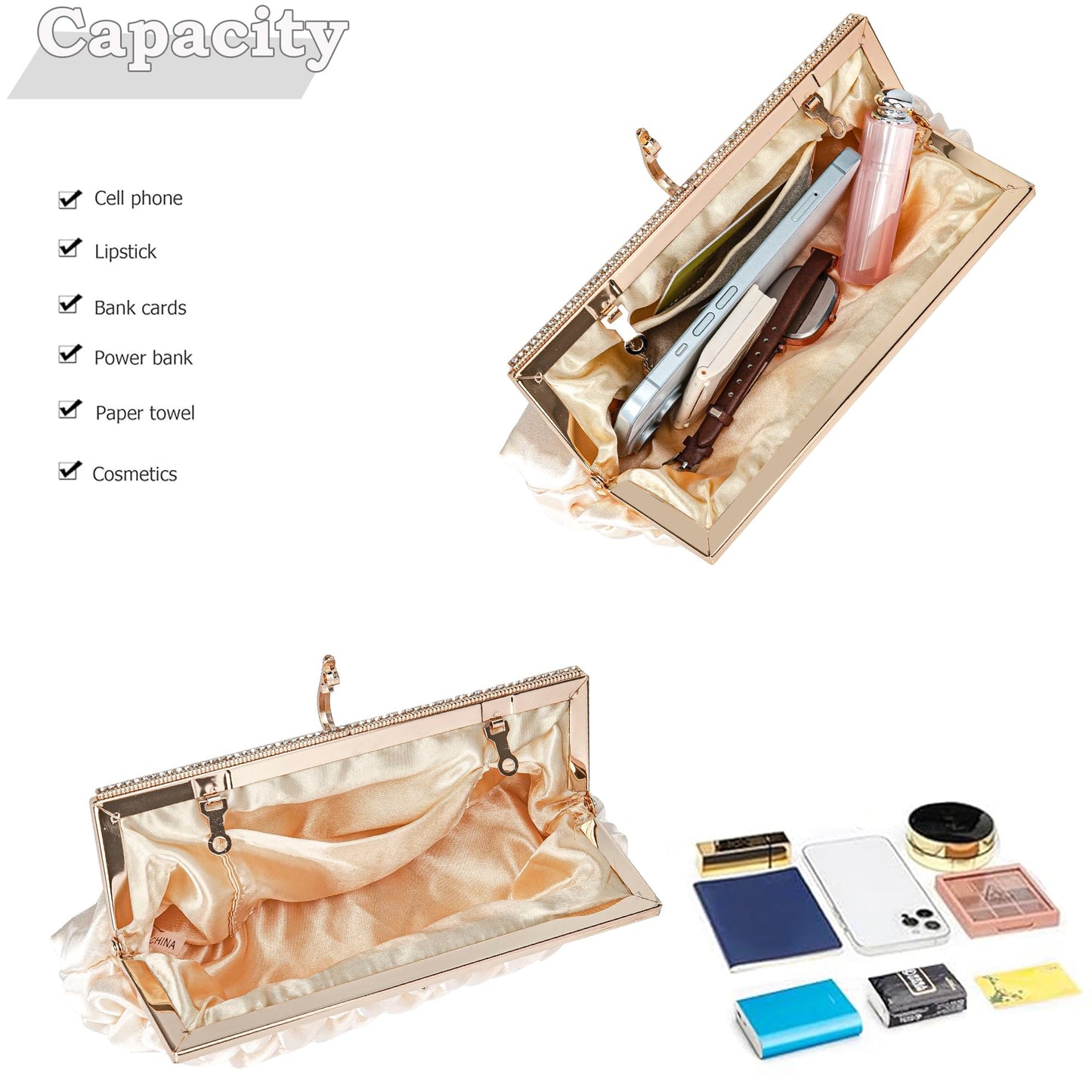 Classic Satin Clutch Bag Diamante Embellished Formal Evening Handbag for Wedding Prom Party Purses(gold)