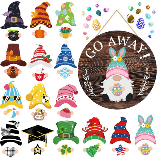 Easter Seasonal Gnome Wall Decor Set, 11.8 inch Wooden Round Sign with Interchangeable Holiday Hats, Go Away Door Hanging (Attractive)
