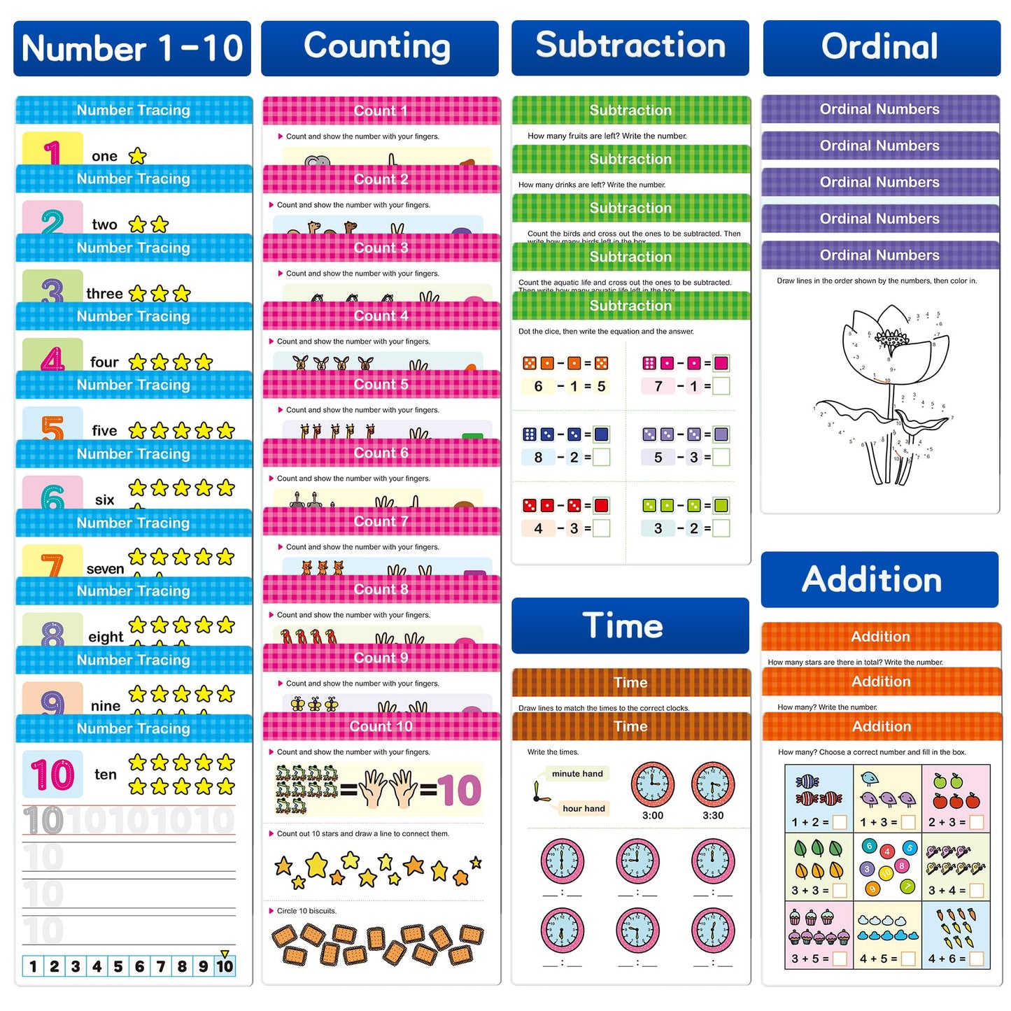 Hulupiggy Preschool Learning Activities 60 Reusable Pages, Number Tracing Addition Subtraction Math Practice Kindergarten Workbook, Educational Fine Motor Toddler Learning Toys for 3 4 5 Year Olds