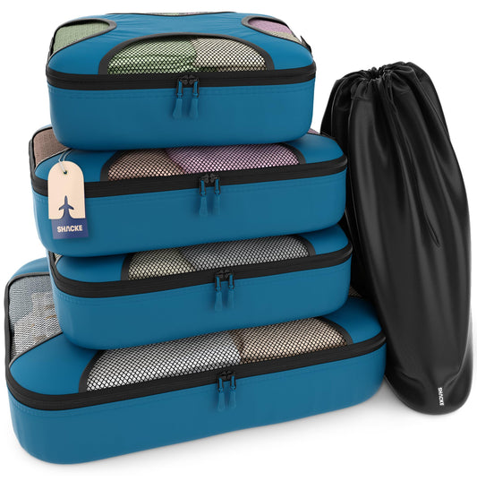 Shacke Premium 5 Packing Cubes Set - Lightweight Mesh Travel Luggage Organizers with Laundry Bag, 5-Piece Suitcase Storage System (Gentlemen's Blue)