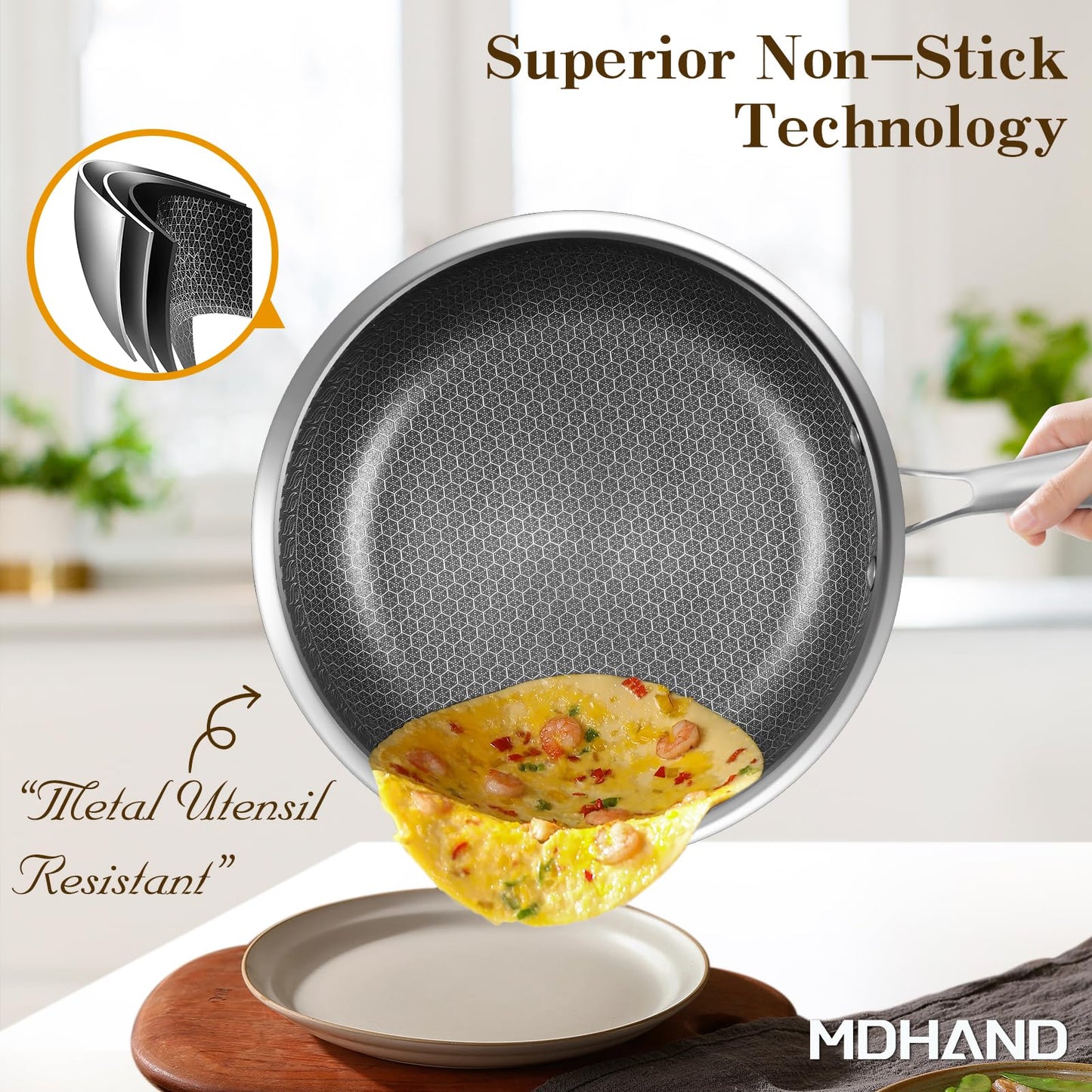 MDHAND 10-Inch Nonstick Frying Pan with Tempered Glass Lid – Premium Stainless Steel Skillet with Stay-Cool Handle, Dishwasher & Oven Safe, Induction-Ready, PFOA-Free – Compatible with All Cooktops