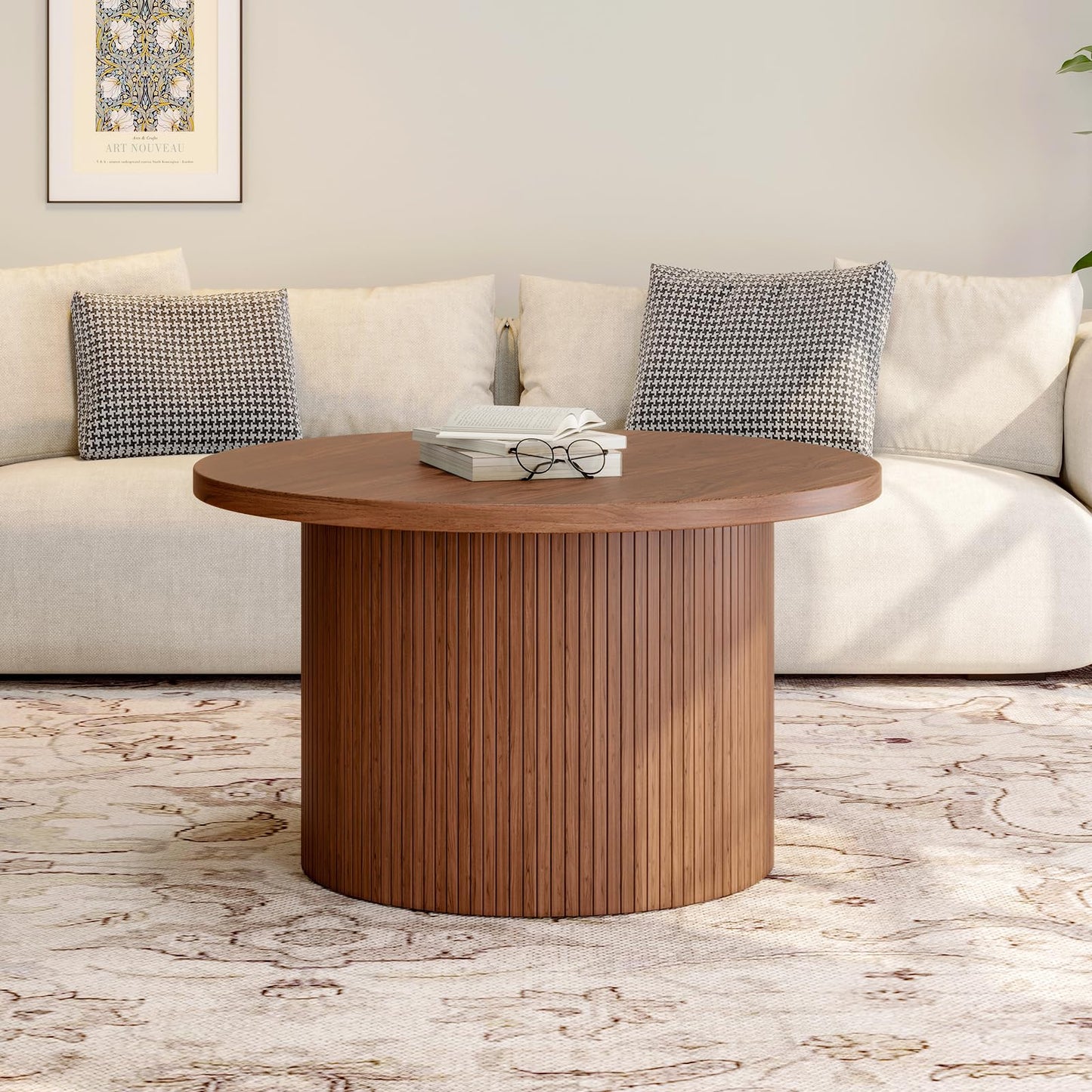ONBRILL 31.5" Round Coffee Table, Tambour Design Coffee Tables for Living Room, Mid Century Modern Wood Coffee Table, Drum Accent Small Center Table, Walnut