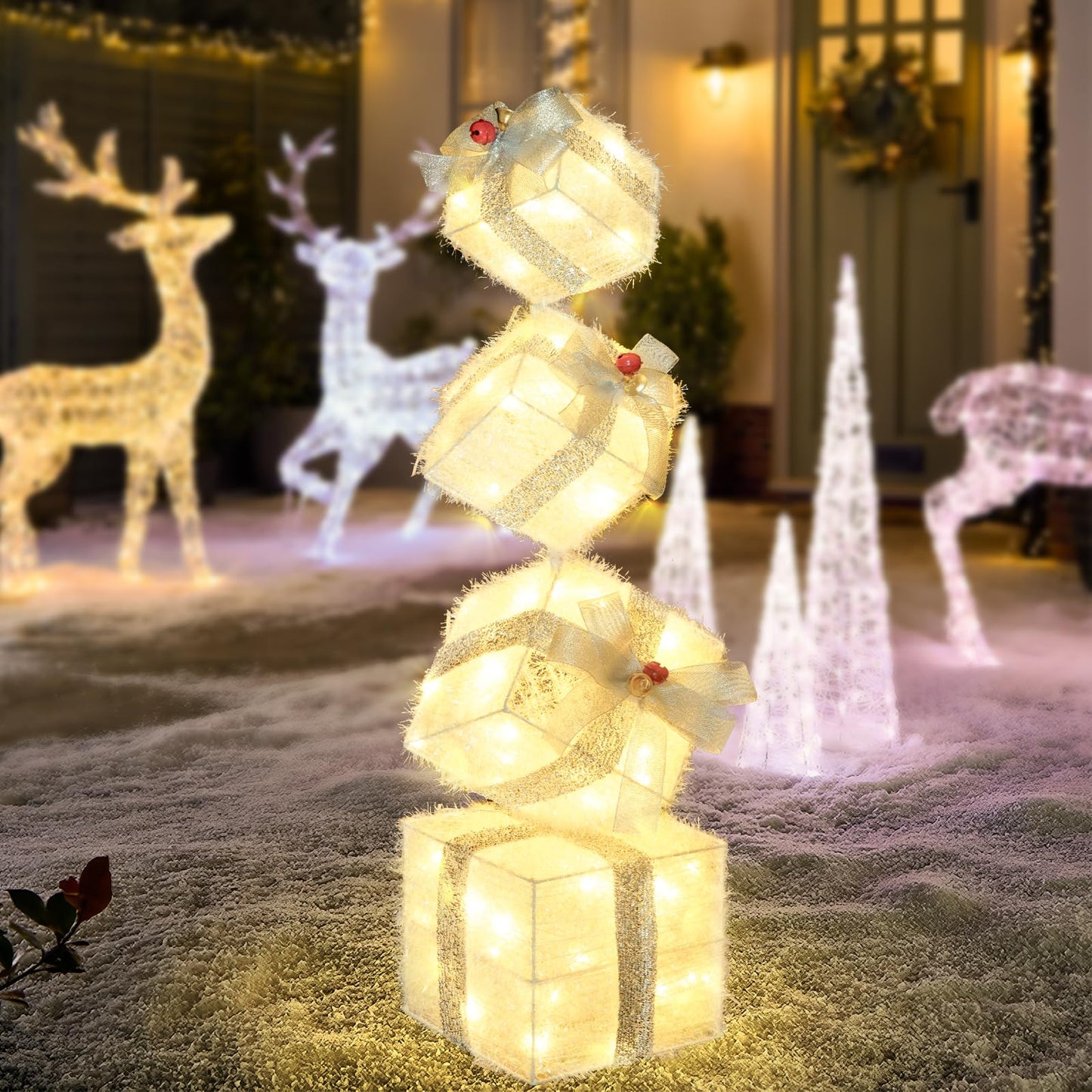 COVFEVER Christmas Lighted Gift Boxes Decorations Set of 4, 2.8Ft Stackable Christmas Nesting Boxes Battery Operated for Home and Party Decoration (8"-6"-5"-4", Silver Bow)