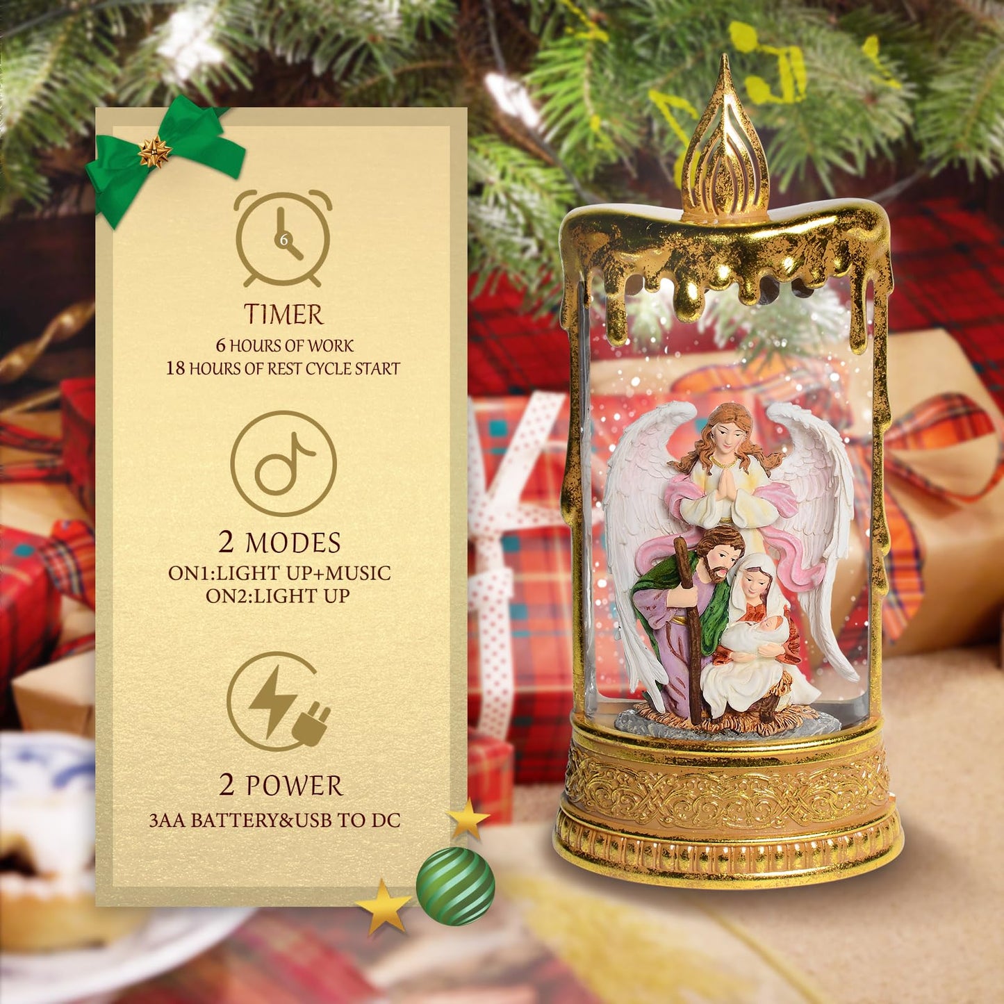 Christmas Snow Globes, 11.8" Nativity Glitter Water Lantern with Song, 6H Timer Battery & USB Powered Music Box for Christmas Decorations Indoor