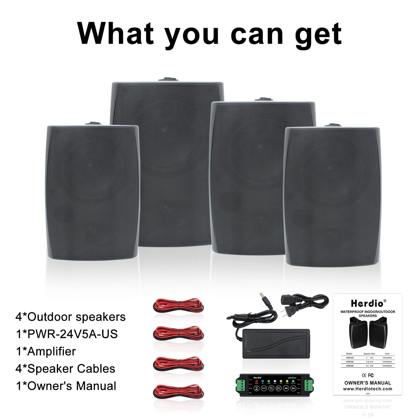 Herdio 6.5 Inch 800W Outdoor Bluetooth Speakers Wired Waterproof with Multifunctional Amplifier, Wall Mount Speaker for Patio Home Poolside Deck Backyard(2 Pairs,Black)