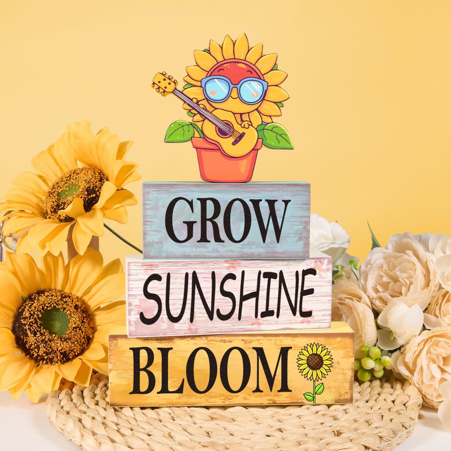 4 Pcs Sunflower Decor for Summer Wooden Tiered Tray Sign – Table Decorations Musician Sunflower Book Stack Block Sunshine Table Centerpiece for Home, Parties & Sunflower Gifts for Women