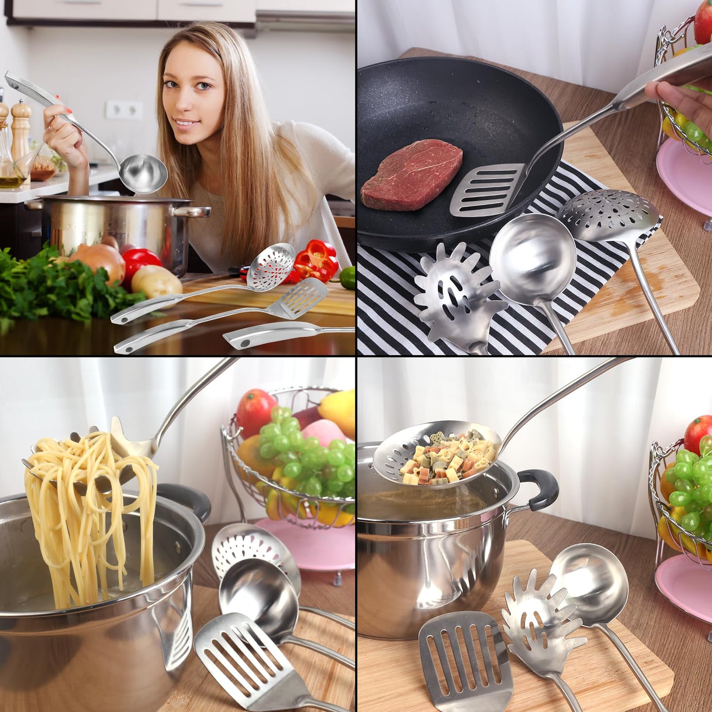 Newness 4 Pcs Cooking Utensils Set, 304 Stainless Steel Kitchen Utensils Set, Metal Kitchen Accessories, Include Soup Ladle, Slotted Skimmer Spoon, Spaghetti Spoon and Spatula, Dishwasher Safe