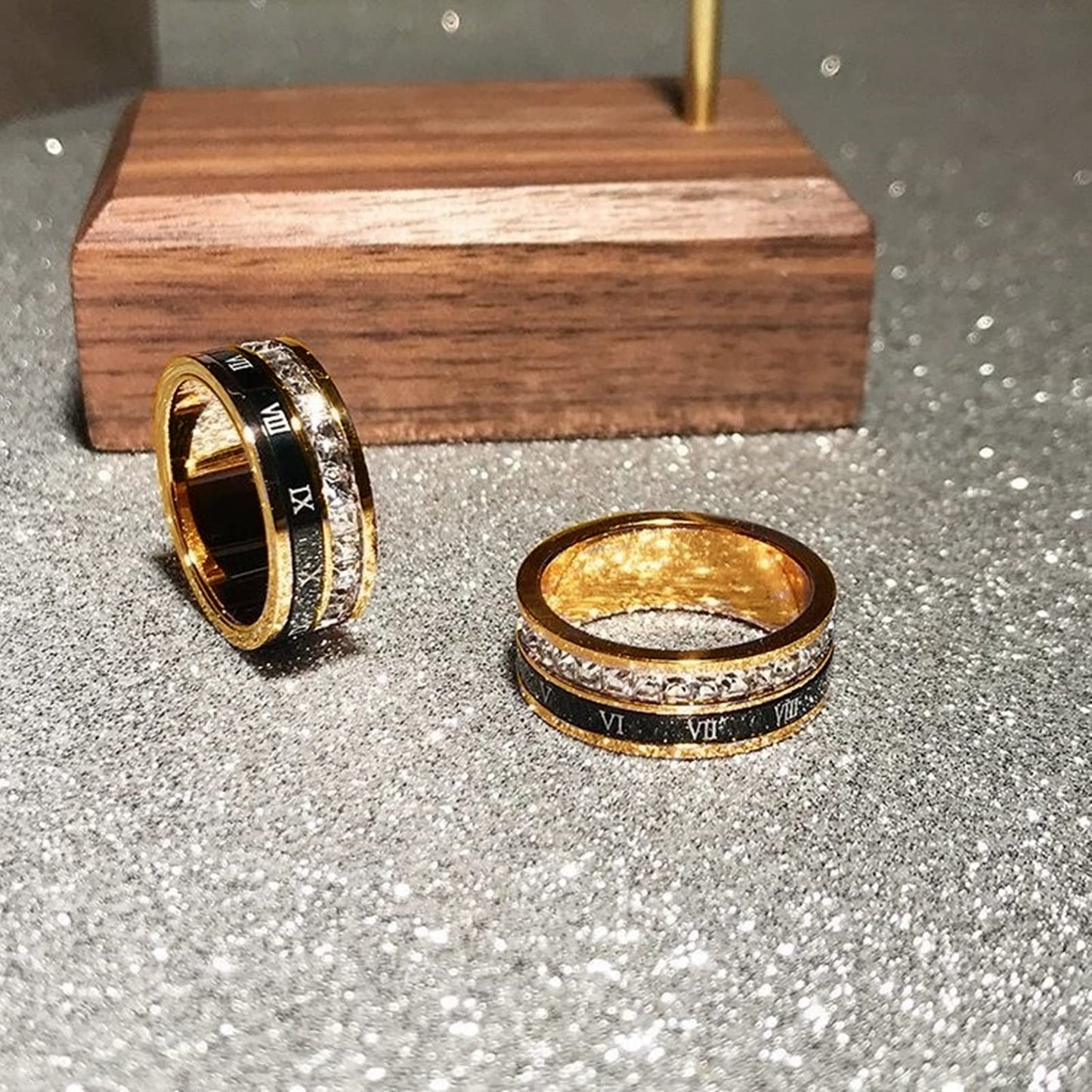 18K Gold Plated Roman Numeral Cubic Zirconia Ring for Men, Square CZ Gold Rings for Men, Spinner Silver Mens Rings Stainless Steel Size 5-13 (Gold Zirconia Ring, 9)