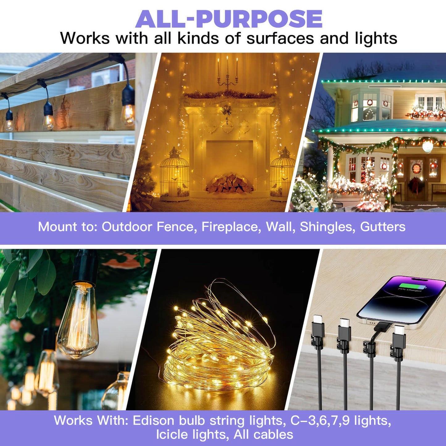 VEXON Hooks for Outdoor String Lights Clips: 25pcs Christmas Light Clips with Waterproof Adhesive for Hanging Balcony Lights - Outside Black String Light Hooks - Decor Garland Hanger - Cable Holders