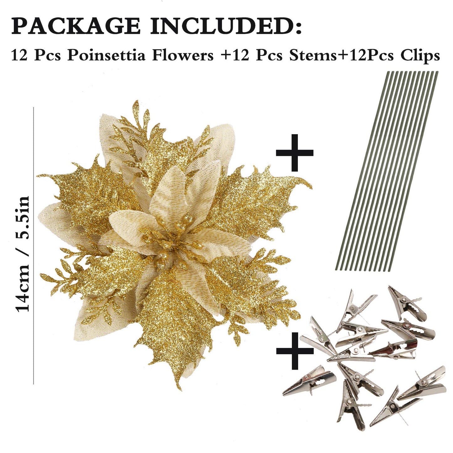 GREENTIME 12 Pcs Glitter Poinsettia 5.5" Artificial Flowers Christmas with Clips Stems Xmas Tree Ornaments for Wedding Party Wreath Decoration (Golden