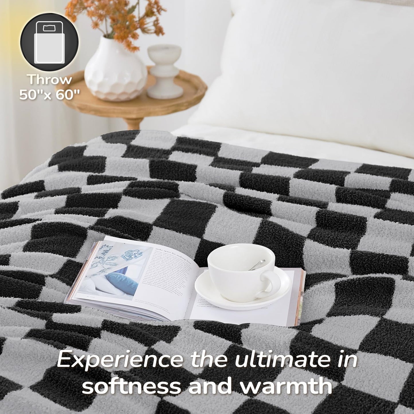Basic Beyond Black Throw Blanket for Couch, Super Soft Fluffy Checkered Blanket, Cozy Fuzzy Throw Blankets for Bed, Sofa, Chair, 50x60