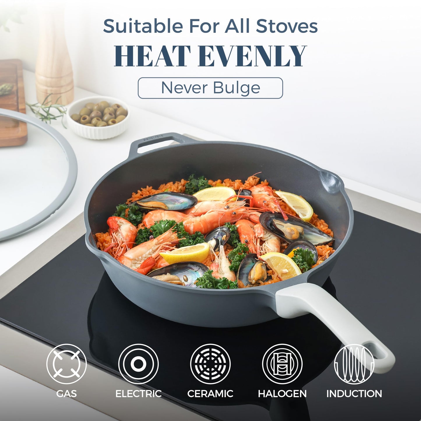 PRICUSIS Ceramic Nonstick Deep Saute Pan with Lid, 10/12 Inch Non Toxic Pans with Double Pour Spout, Helper Handle and Lid, Metal Utennsil Safe, Dishwasher Safe, (10 Inch, Gray)