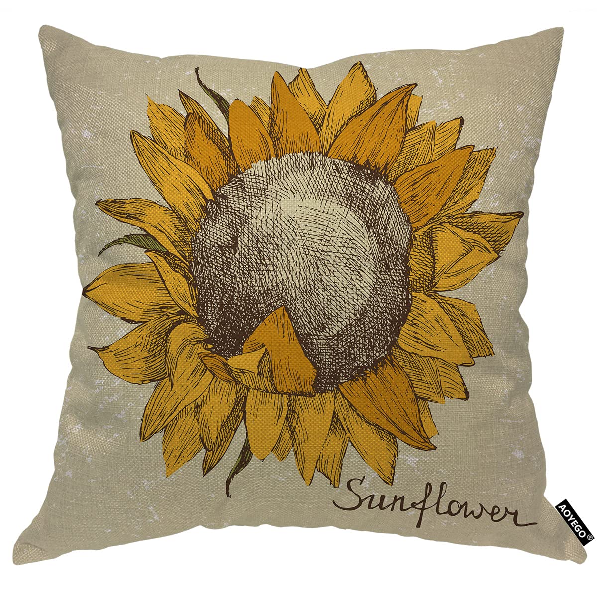 AOYEGO Sunflower in Retro Style Throw Pillow Cover Isolated Grid Floral Sketch Nature Plant Pillow Case 18x18 Inch Square Cushion Cotton Linen Decorative for Couch Bed Home