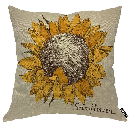 AOYEGO Sunflower in Retro Style Throw Pillow Cover Isolated Grid Floral Sketch Nature Plant Pillow Case 18x18 Inch Square Cushion Cotton Linen Decorative for Couch Bed Home