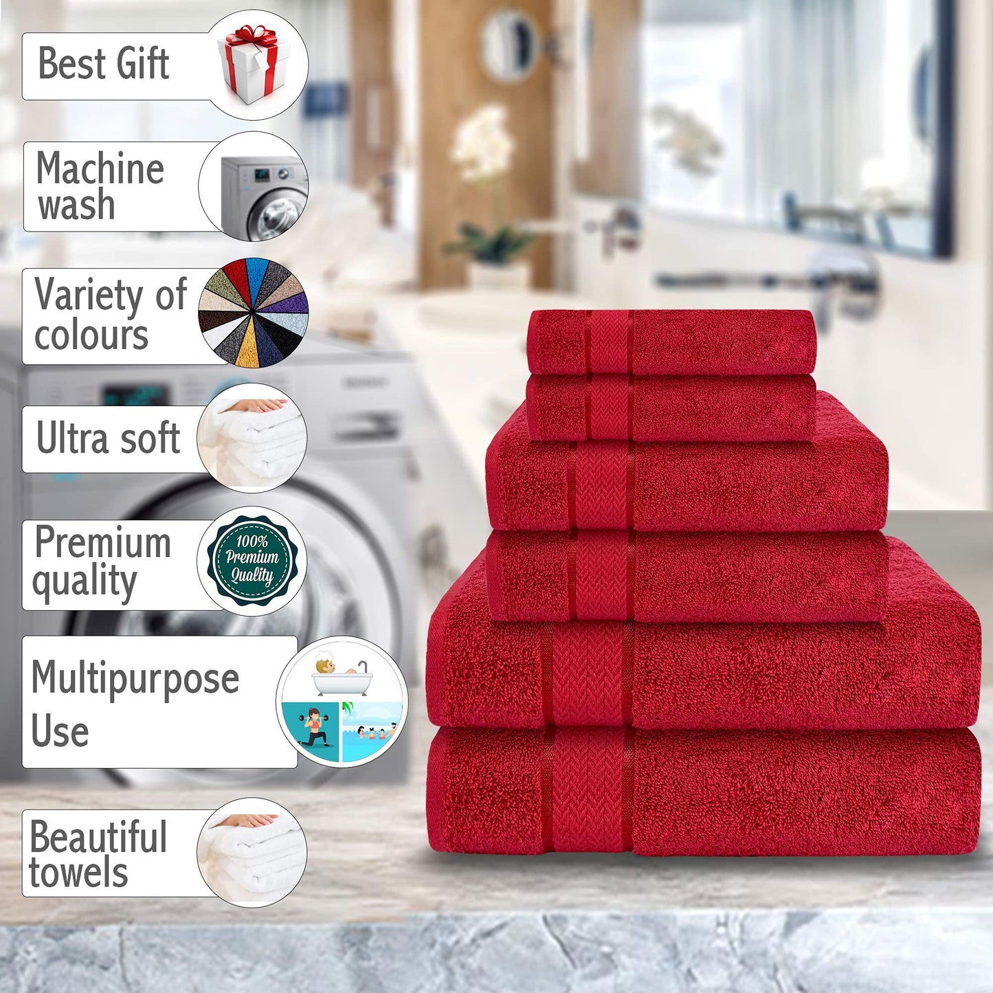 CRAFTBERRY Luxury Bath Towels Set -100% Cotton- 2 Bath, 2 Hand & 2 Washcloths - Premium, Large, Thick, Fluffy, Absorbent, Quick Dry, Soft & Plush - 6 Piece Luxury Bathroom Towels - Red