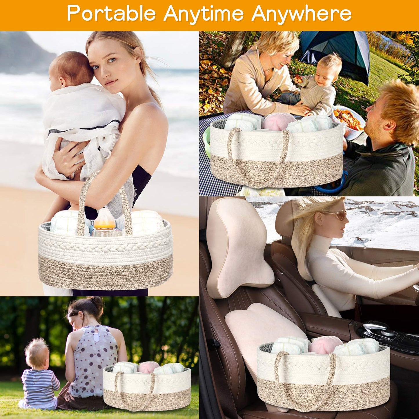 maxgoods Baby Diaper Caddy Organizer -100% Cotton Baby Basket Bin with Removable Divider -Portable Tote Bag Storage Basket for Boy & Girl Nursery Organization (White & Yellow Variegated)