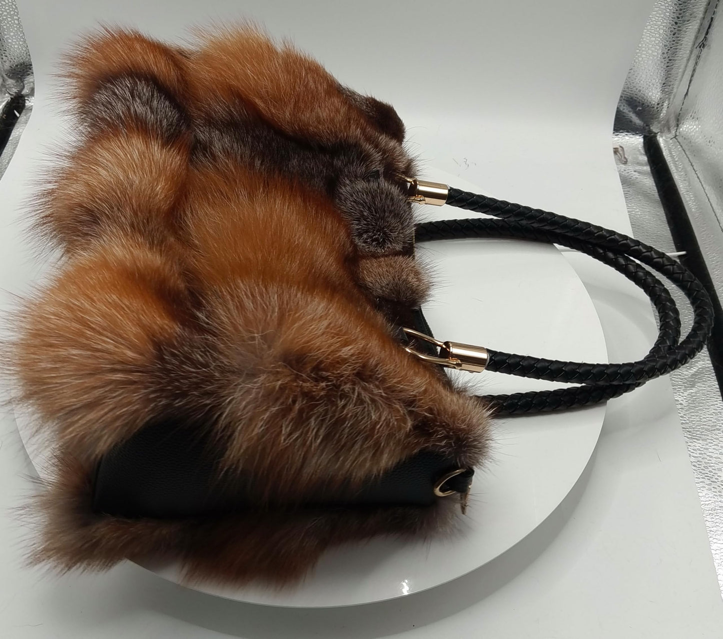 Fosrion Luxury Real Fox Fur Handbag For Women Ladies Furry Shoulder Bag (Fire)