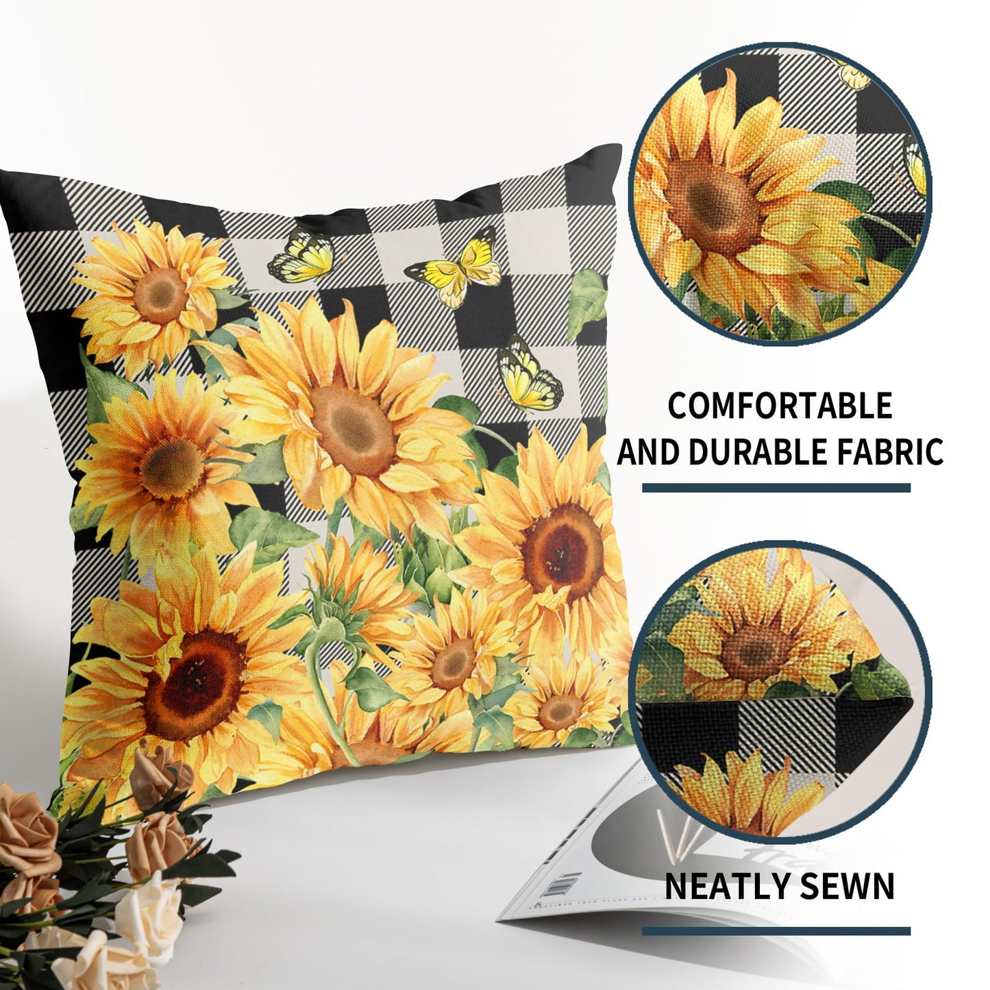 Sunflower Pillow Covers 18x18 Set of 2 Yellow Floral Butterfly Spring Summer Buffalo Plaid Outdoor Decorative Throw Pillows Farmhouse Pillowcases Linen Cushion Case Decor for Home Sofa Couch Bed