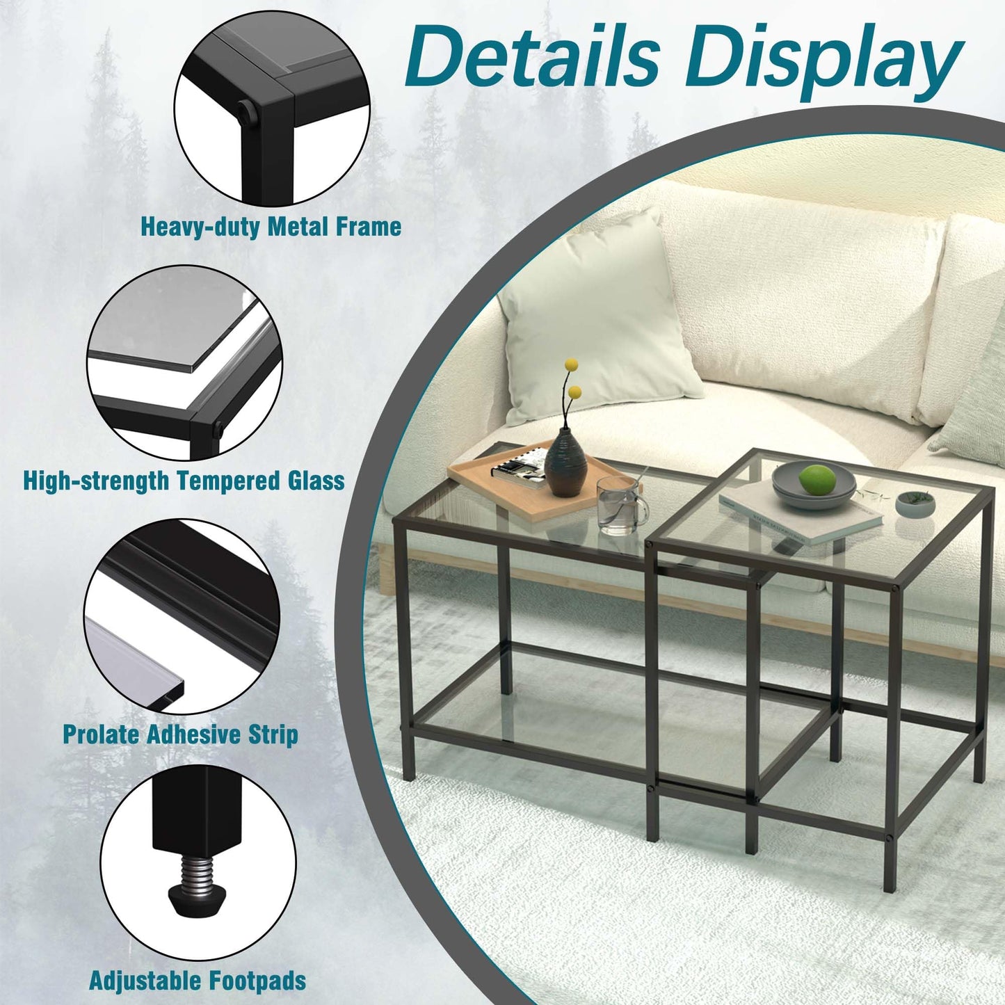 Nesting Coffee Table,Small Glass Coffee Table Set of 2,Black Modern Square Sofa Side Tea Table for Living Room,Bedroom and Small Spaces,2 Tier Tempered Glass with Sturdy Metal Frame, Easy Assembly