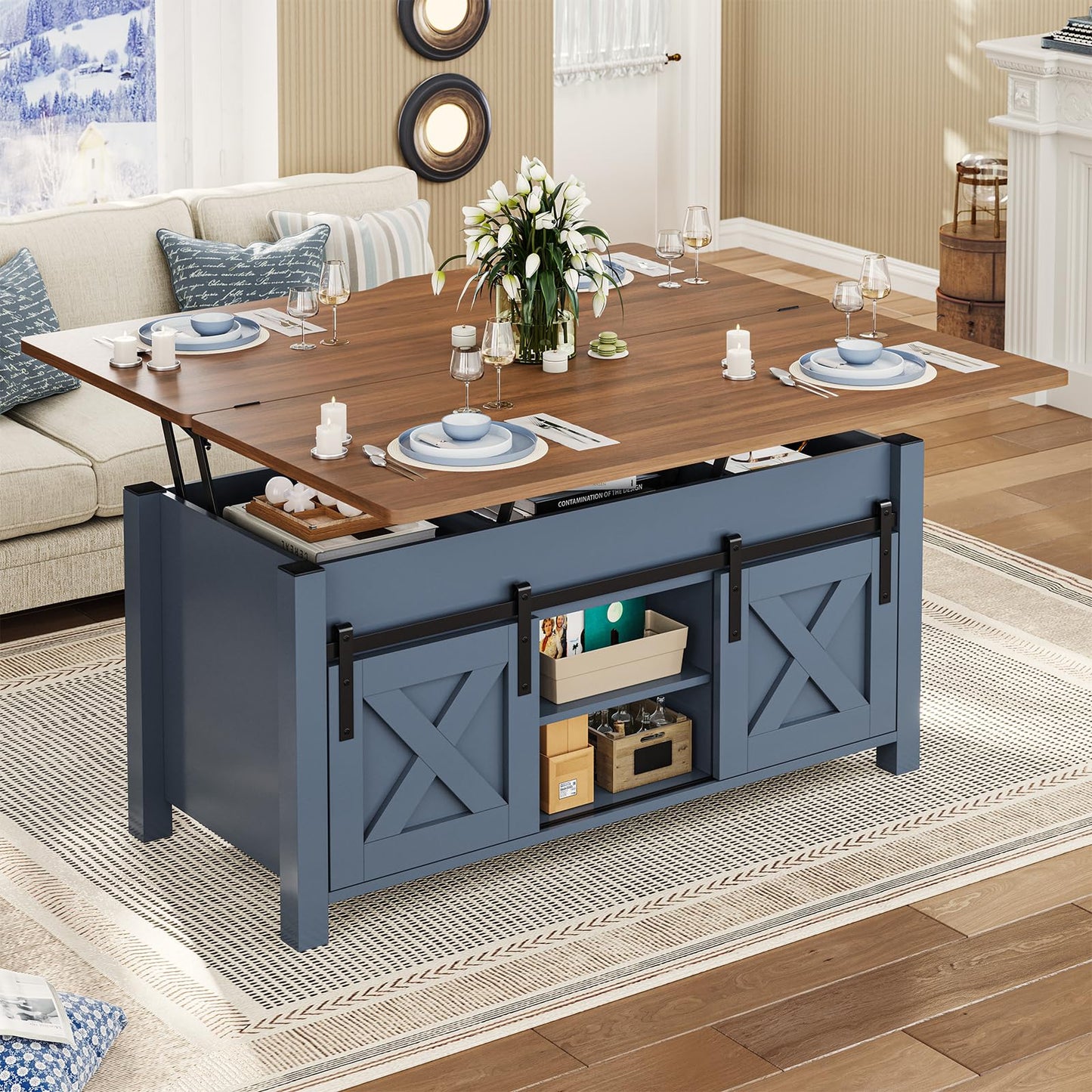 SEDETA Lift Top Coffee Table, 4 in 1 Multi-Function Convertible Coffee Tables with Storage and Hidden Compartment, Farmhouse Coffee Table Converts to Dining Table for Living Room, Blue