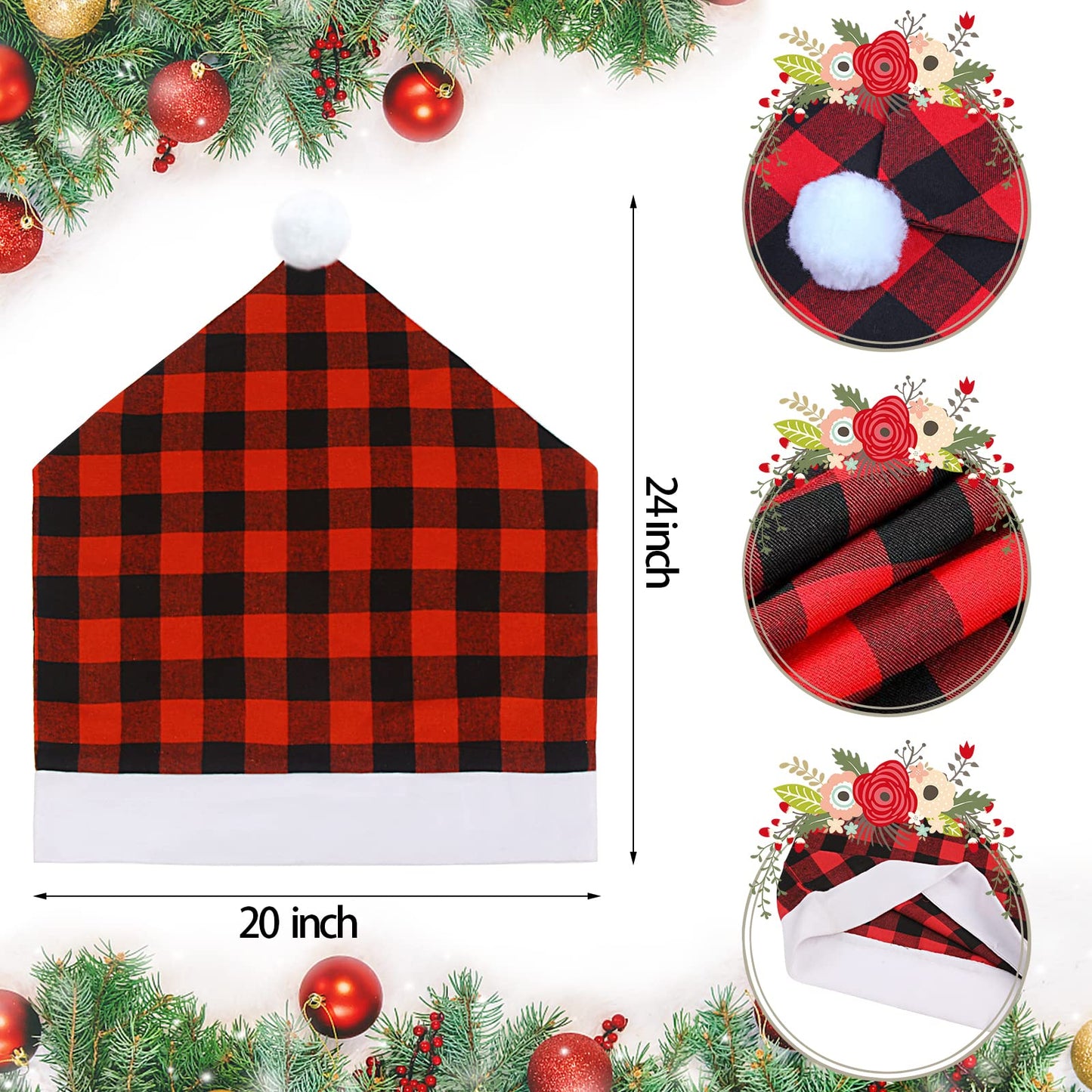 CCINEE 6pcs Christmas Chair Back Cover, Black and Red Grid Chair Slipcovers Hat Buffalo Plaid Christmas Back Covers Christmas Dining Chair Protector Elastic for Dining Room Xmas Party Table Decor…