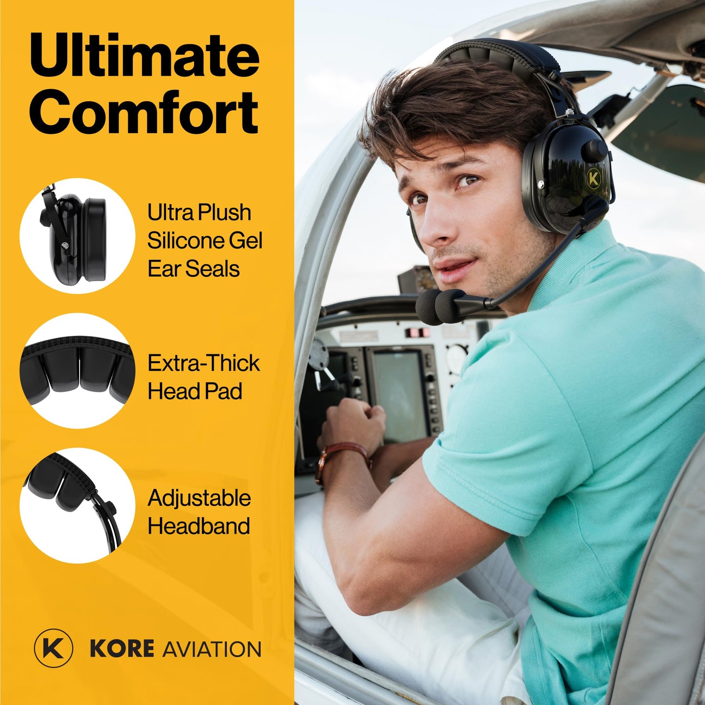 KA-1 General Aviation Headset for Pilots - Mono and Stereo Compatibility, Passive Noise Reduction, Noise Canceling Microphone, Gel Ear Seals, Adjustable Headband & Headset Bag