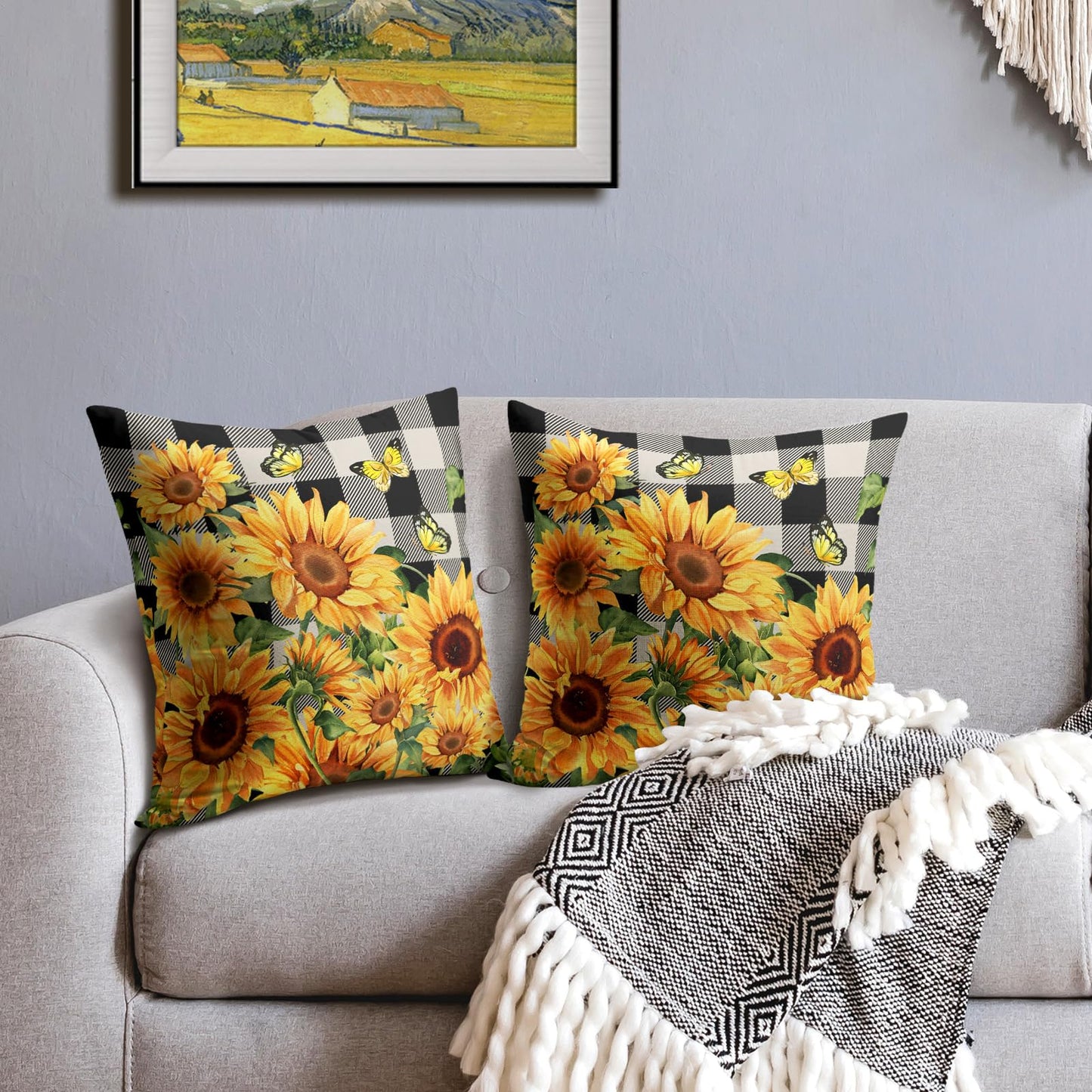 Sunflower Pillow Covers 18x18 Set of 2 Yellow Floral Butterfly Spring Summer Buffalo Plaid Outdoor Decorative Throw Pillows Farmhouse Pillowcases Linen Cushion Case Decor for Home Sofa Couch Bed