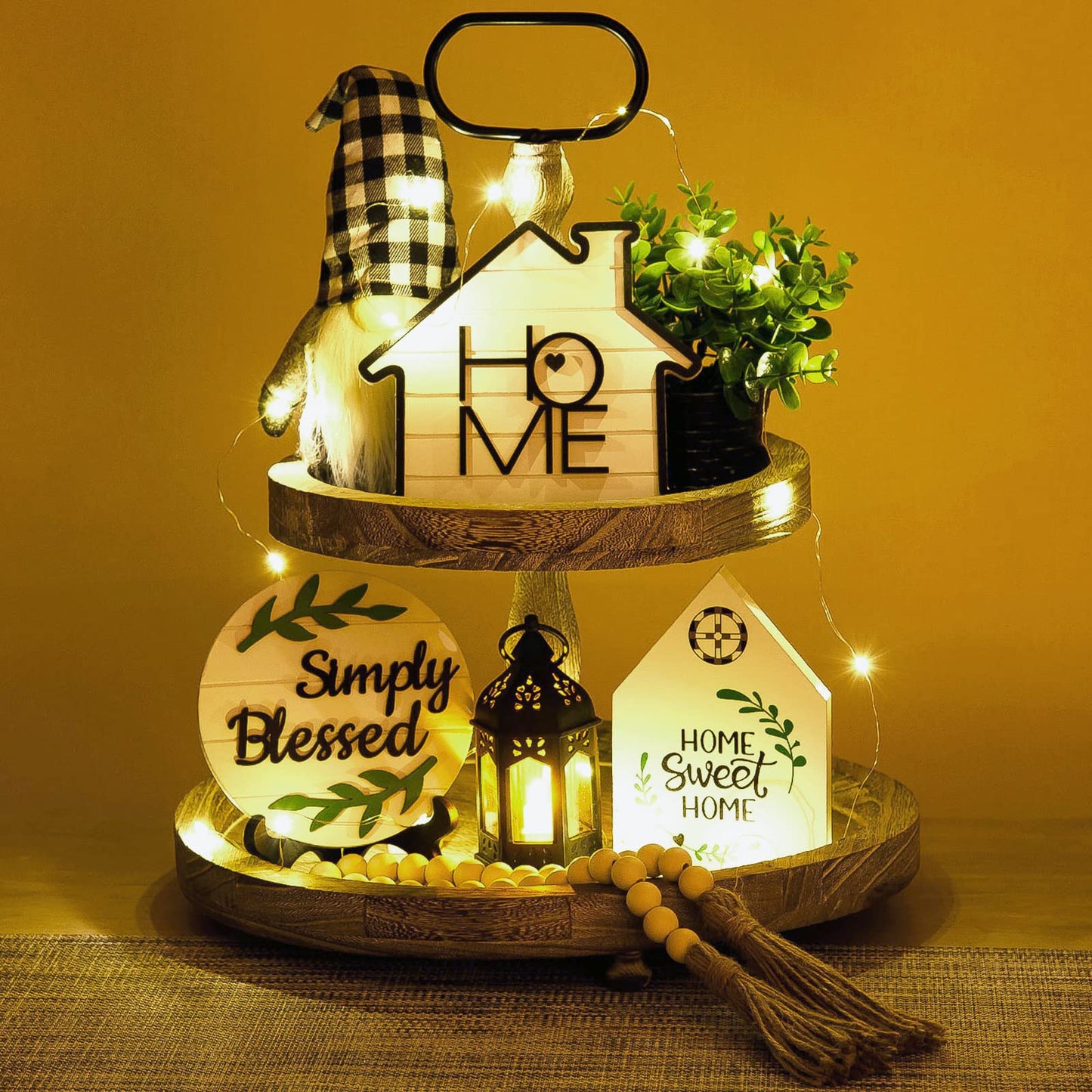 10 Pcs Farmhouse Tiered Tray Decor Rustic Wooden Home Decor Wood Bead Garland Sweet Wooden Sign with Artificial Succulents Plants Mini Candle Lantern for Farmhouse Home Kitchen(Tray Not Included)