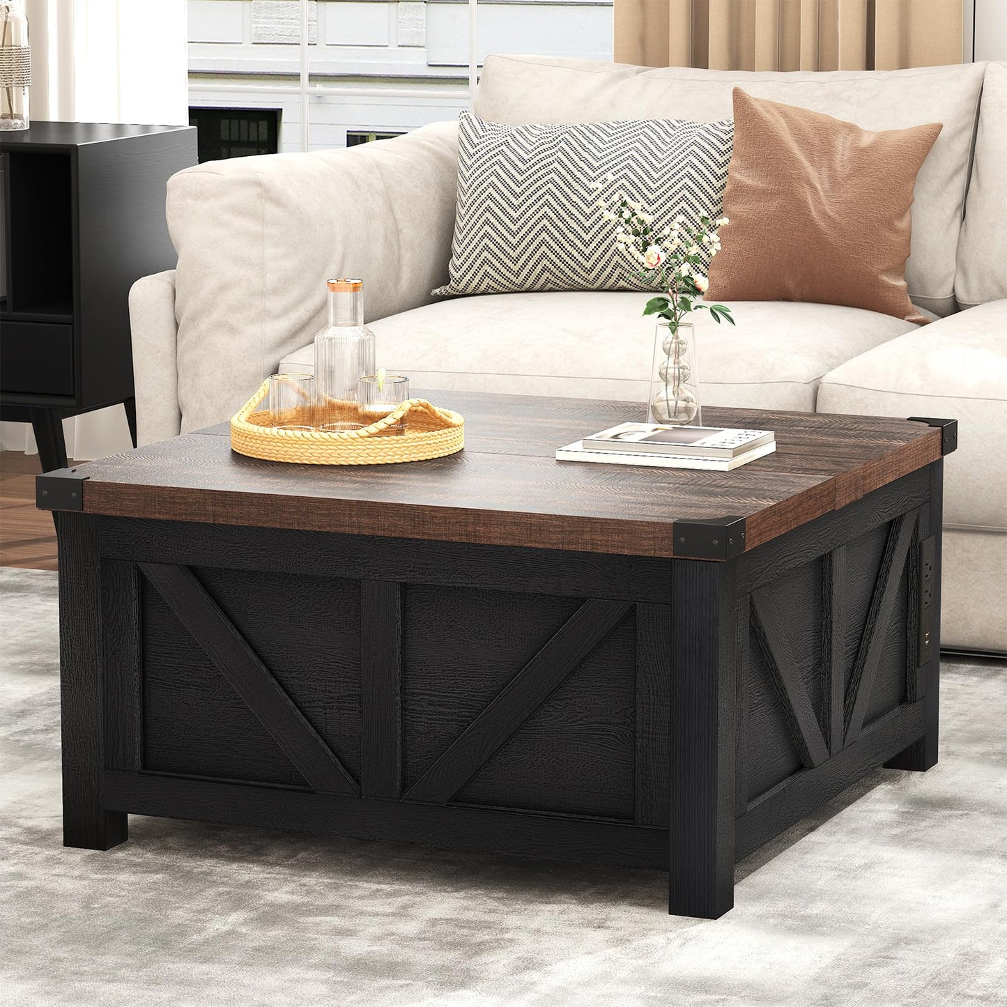 jimeimen Farmhouse Lift Top Coffee Table with Storage, Wood Square Center Table with Charging Station&USB Port, Living Room Table w/Large Hidden Space, for Living Room, Bedroom, Home Office, Black