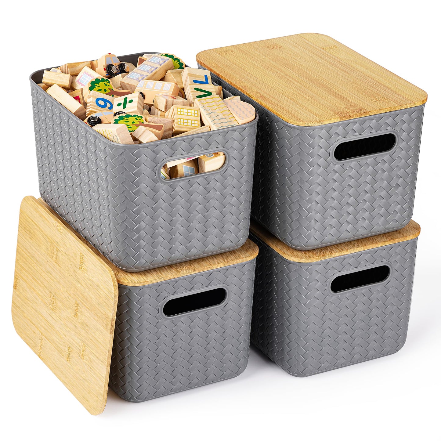 4 Packs Storage Bins with Bamboo Lids - Plastic Storage Containers with Lids Stackable Storage Box: Storages Baskets for Organizing Desktop Closet Playroom Classroom Office, Black