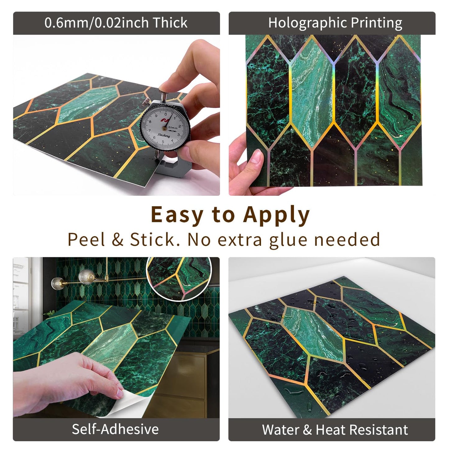 funlife 10Pcs Art Deco Peel and Stick Thick Kitchen Backsplash, Self Adhesive Wall Tile, Flat Glossy Stickers for Home Decor, Holographic Emerald 7.87"x7.87"