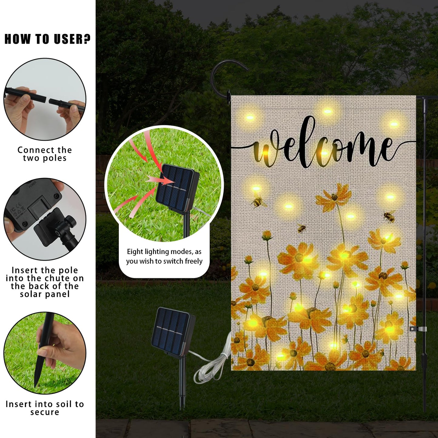 Lighted Spring Summer Floral Welcome Garden Flag, 12 x 18 Inch Double Sided Vertical Burlap Sunflower Bee Led Garden Flag for Seasonal Holiday Outdoor Yard Decoration