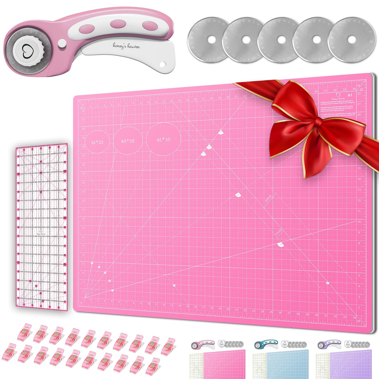 Rotary Cutter Set lavender - Quilting Kit incl. 45mm Fabric Cutter, 5 Replacement Blades, A3 Cutting Mat, Acrylic Ruler and Craft Clips - Ideal for Crafting, Sewing, Patchworking, Crochet & Knitting