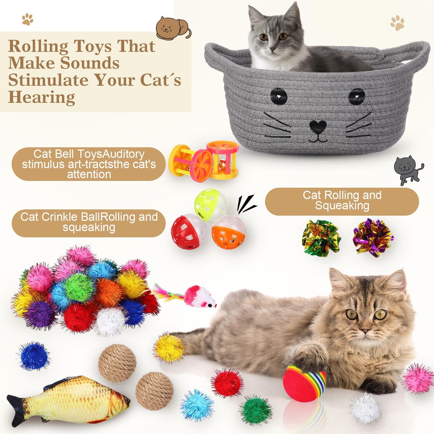 Zopeal 58 Pcs Cat Storage Basket Gift Toys Set, Colorful Flashing Balls Pet Bell Crinkle Balls Spring Toys Attract Cat to Swat, Bite, Hunt, Interactive for Pet(Gray)
