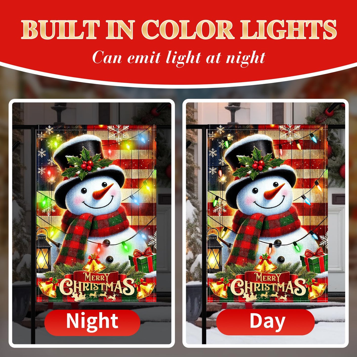 12 x 18 Inches Lighted Snowman Garden Flag Decorations - Double-Sided Vertical Christmas Holiday Yard Flag Sign with LED Lights, Indoor Outdoor House Patio Décor Party Supplies