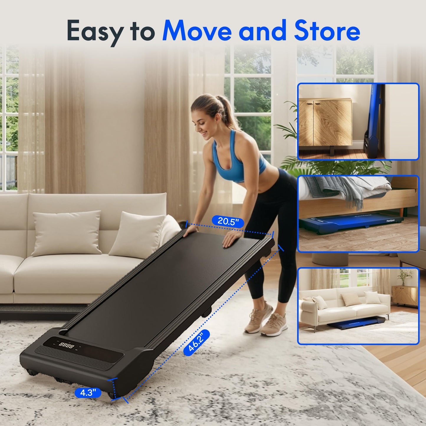 FLEXISPOT Walking Pad, Portable Treadmill for Home Office, 2.5HP Under Desk Treadmill with 265 Lbs Capacity, Remote Control, Led Display, Black