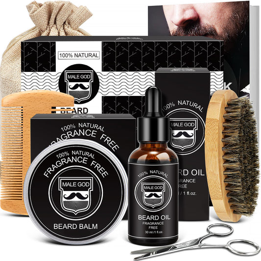 MALE GOD Beard Kit w/Beard Oil, Balm, Brush, Comb - Nourish & Soften Beard, Natural Shea Butter, Suitable for All Skin, Anniversary & Birthday Gifts for Men Him Husband Boyfriend Dad Friends