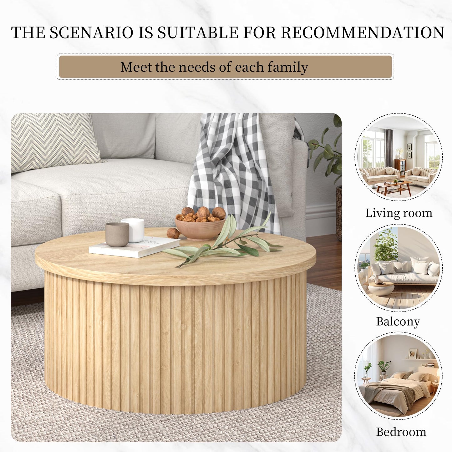 Fsbecl Lift Top Coffee Table with Storage, Round Coffee Tables for Living Room, 34.6'' Farmhouse Fluted Coffee Table, Wood Center Table with Large Hiddern Storage Compartment (Wood Color)
