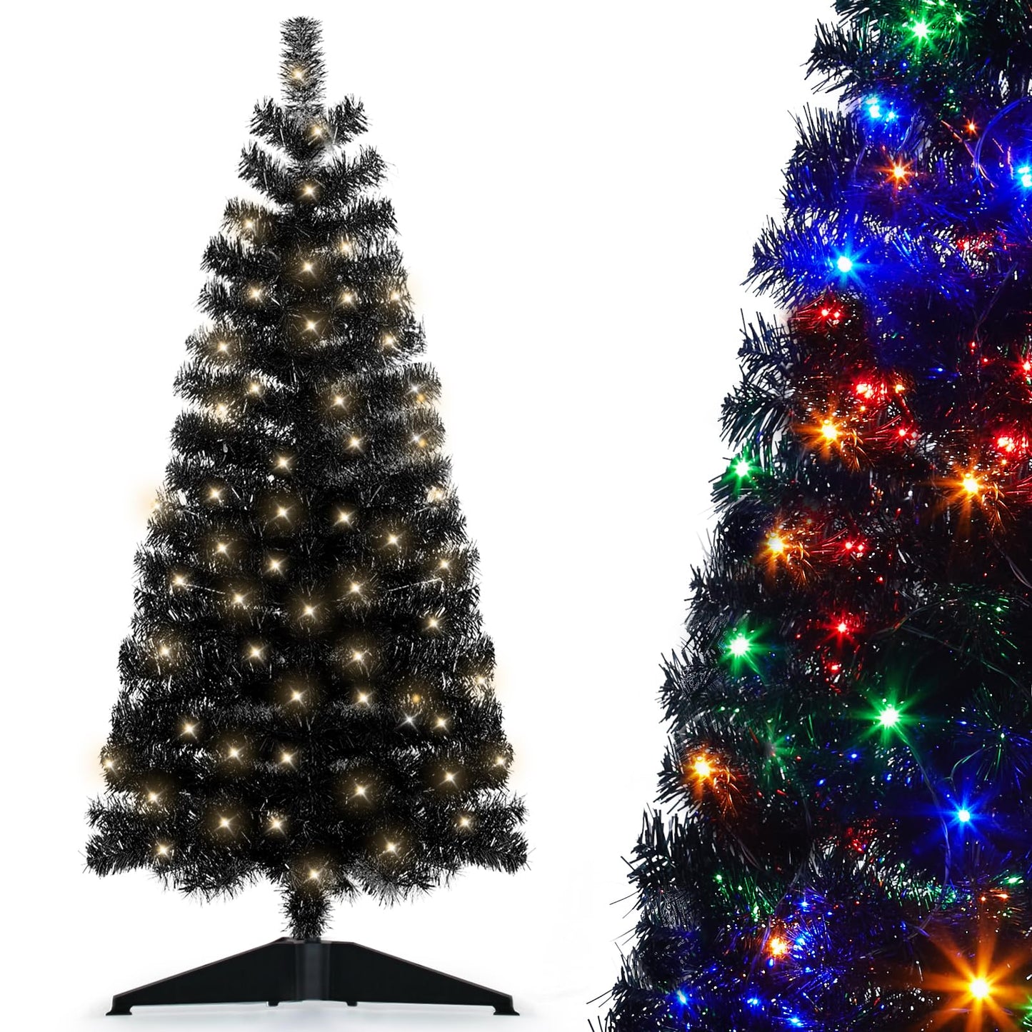 DEWUR Pre-Lit Artificial Christmas Tree, Warm White Lights, Colorful Lights, Includes Stand, 4 feet (Black)
