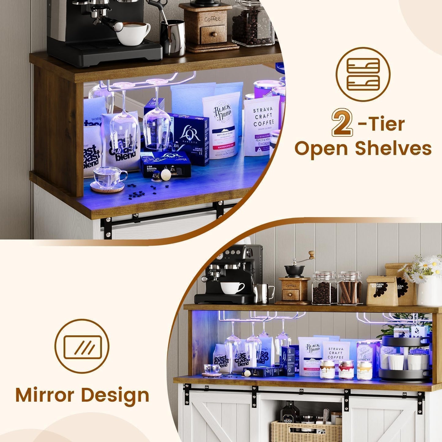 4ever2buy Farmhouse Coffee Bar with LED Lights, 47 inch Coffee Bar Cabinet with Storage, Wine Bar Cabinet with Wine and Glass Rack for Living, Dining Room, White