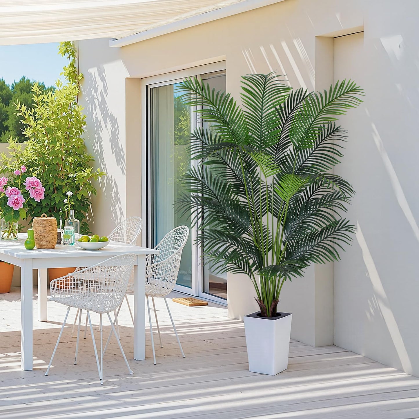 Artificial Palm Tree with White Tall Planter, 7ft Tall Potted Artificial Silk Palm Tree Plant, Fake Tropical Plant, Home Office Floor Room Decor Plants Indoor Outdoor, Housewarming Gift