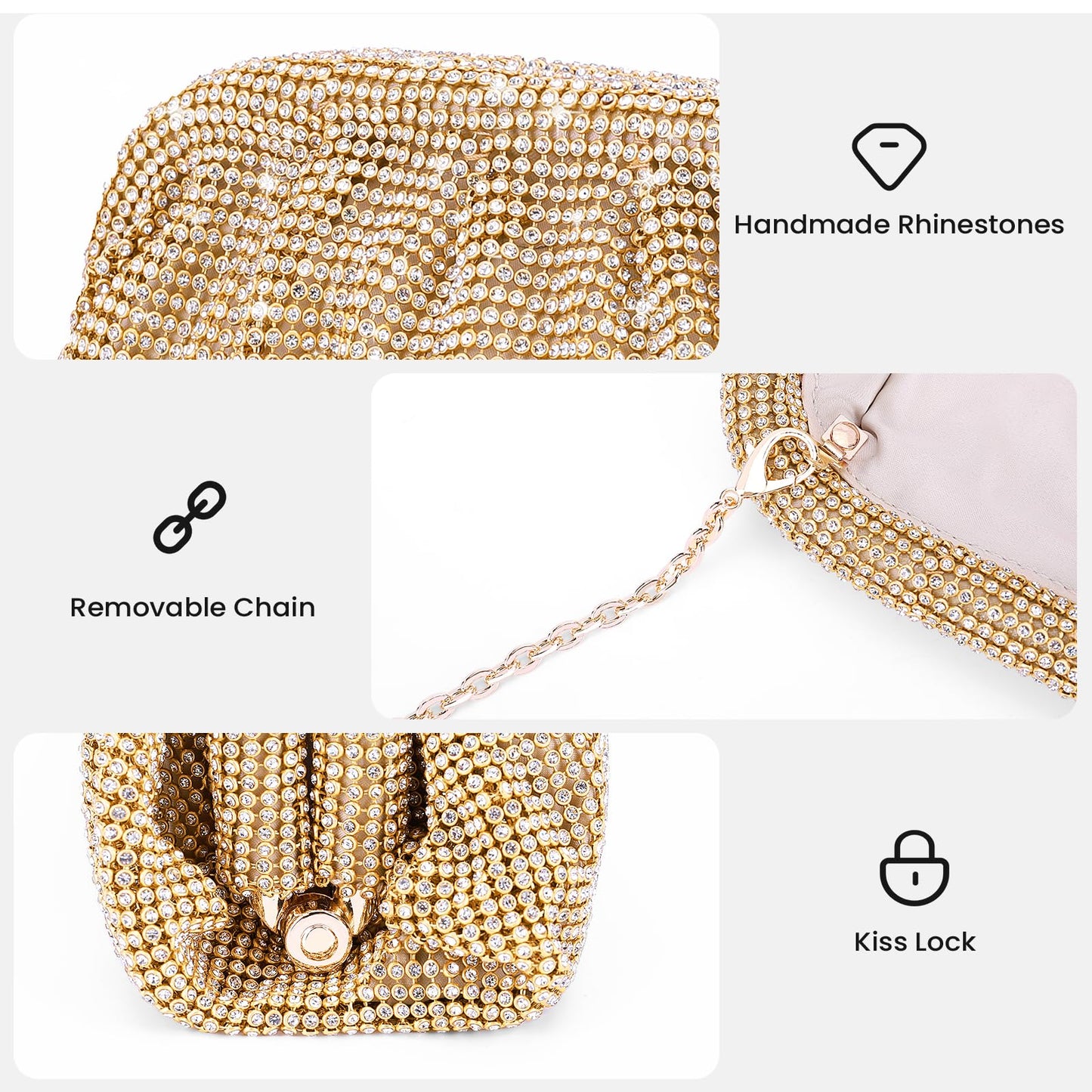 Lushandy Rhinestone Purse, Gold Silver Clutch Purses for Women Evening Bag Formal Wedding Clutch Bag Dumpling Bag Dress Purse