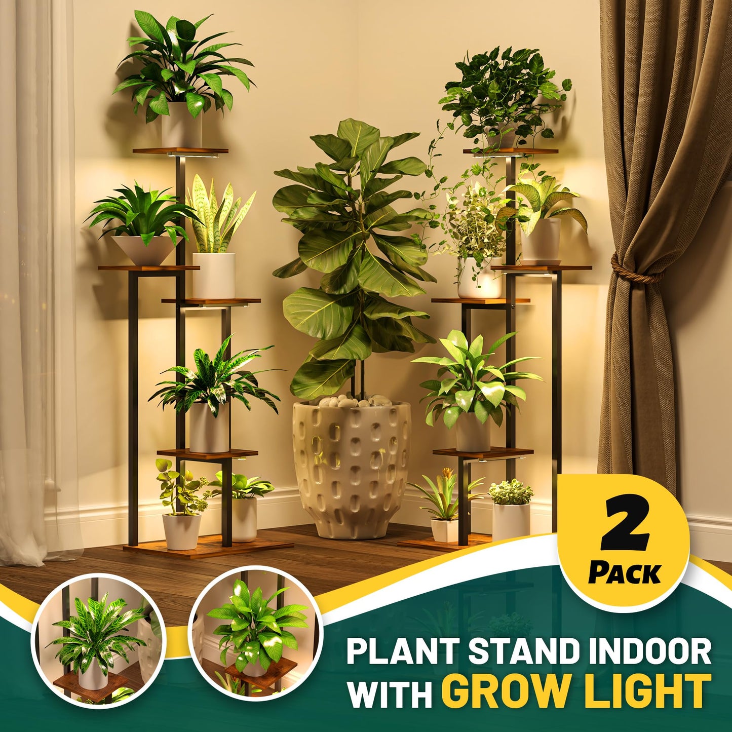 Plant Stand Indoor with Grow Light, 2-Pack Metal Plant Shelf with 6 Grow Lights, 5 Tiered Corner Plant Stand Shelves for Indoor Plants Multiple, Plant Rack Display Flower Holder for Living Room, Patio