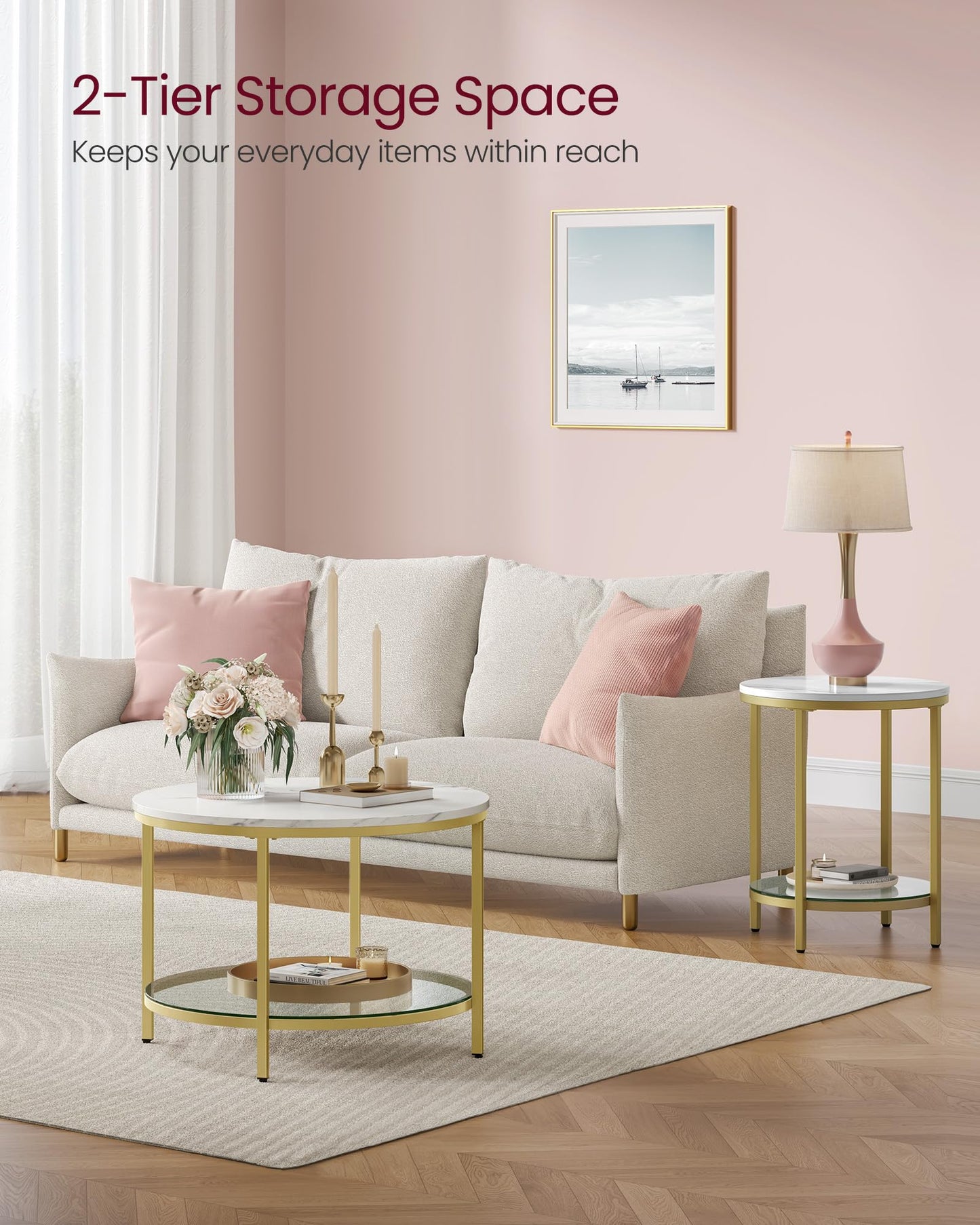 VASAGLE Round Coffee Table, 2-Tier Small Coffee Table with Faux Marble Top and Glass Shelf, Modern Style, for Living Room, 25.6 x 25.6 x 18.1 Inches, Marble White and Pale Gold ULCT072W59