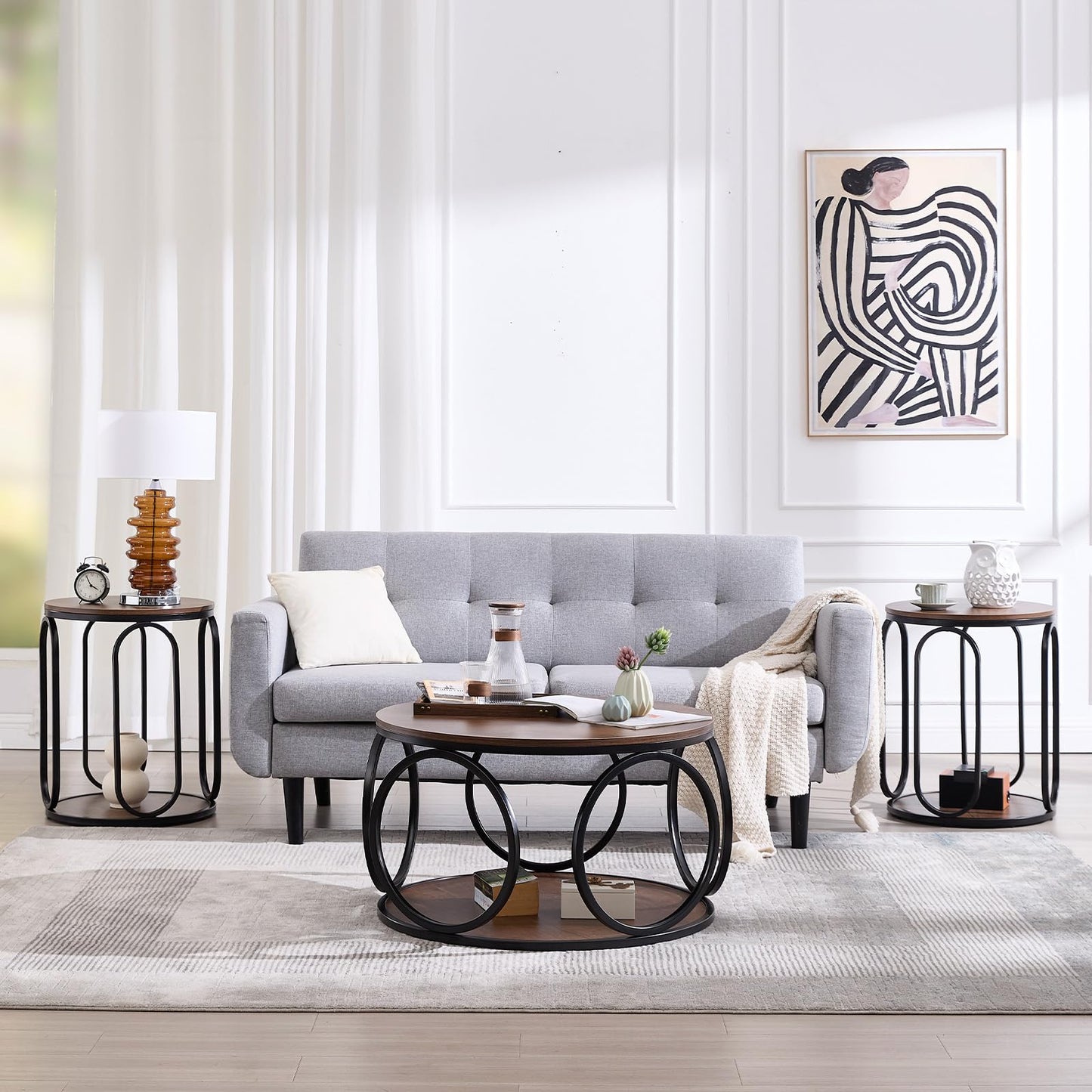 BECHAEO 31.5" 2 Tier Industrial Round Coffee Table, Modern Round Wood Coffee Table with Sturdy Circle Metal Frame for Living Room Home Furniture, Classic Walnut