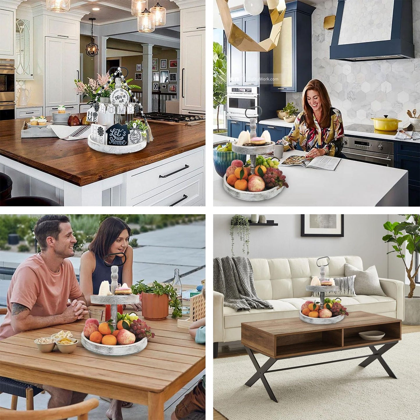 Farmhouse 2 Tiered Tray Stand for Home Decor, Wooden Serving Tiered Tray for Coffee Bar Table Centerpiece, Decorative Trays Kit for Countryside, Round Rustic Stand for Cake Cupcake(White)