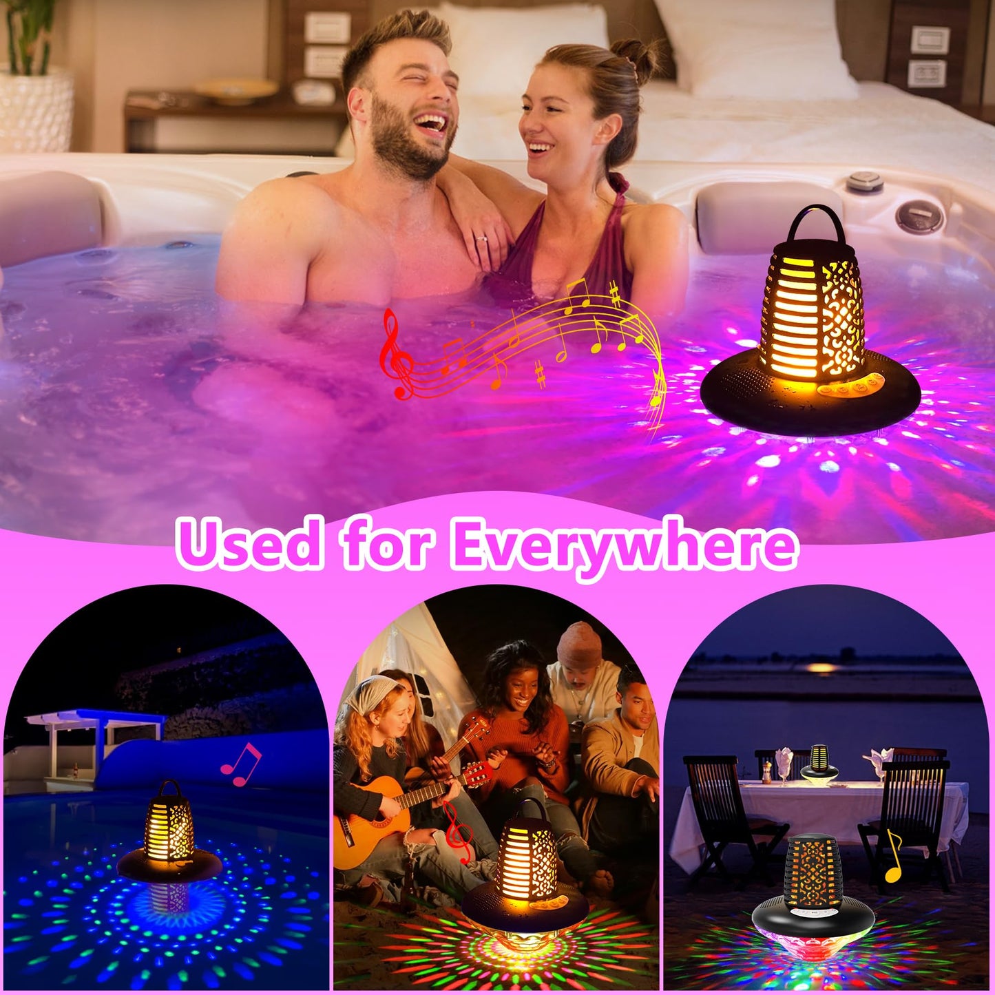 KingSom Floating Pool Speaker,Bluetooth Pool Speaker with LED Flame Light and RGB Light,IP68 Waterproof Bluetooth Speakers,Loud Stereo Sound,TWS Pairing,Built-in Mic,Hot Tub Speakers,Black